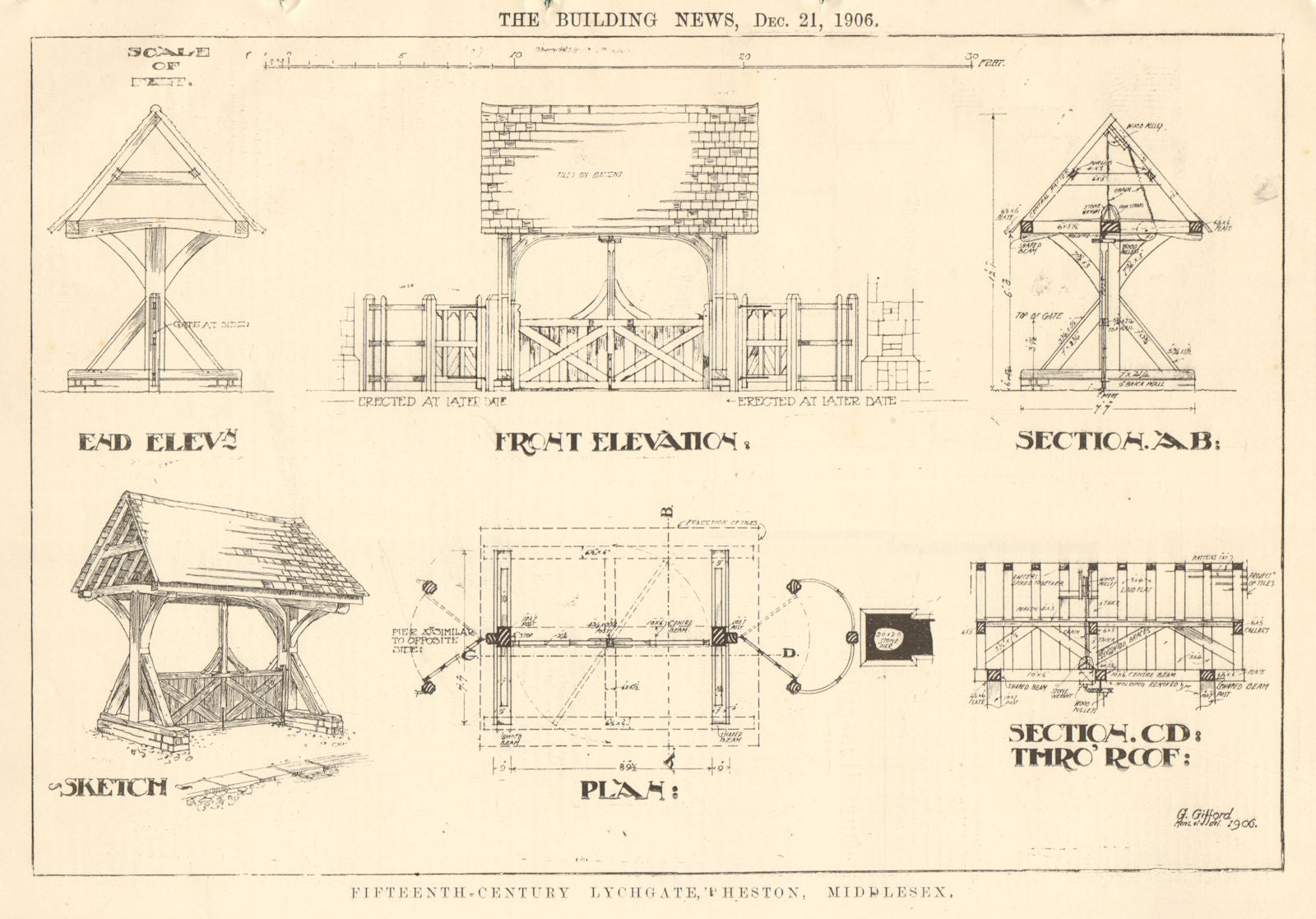 15C Lychgate, Heston, Middlesex. Elevation sketch section plan. London 1906